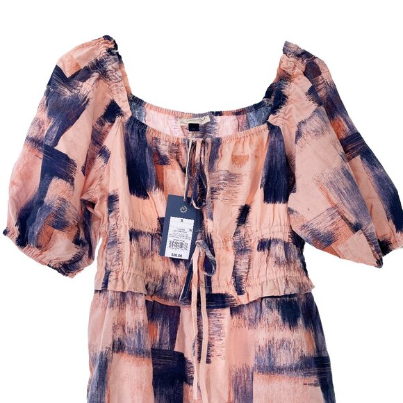 Universal Thread Small Navy Blue Pink Peach Dress Cotton Pockets Puff Sleeves - Picture 4 of 13